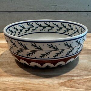 Boleslawiec Handmade Bowl Pine Trees, Holly, and Stars Bowl Blue, Red and White